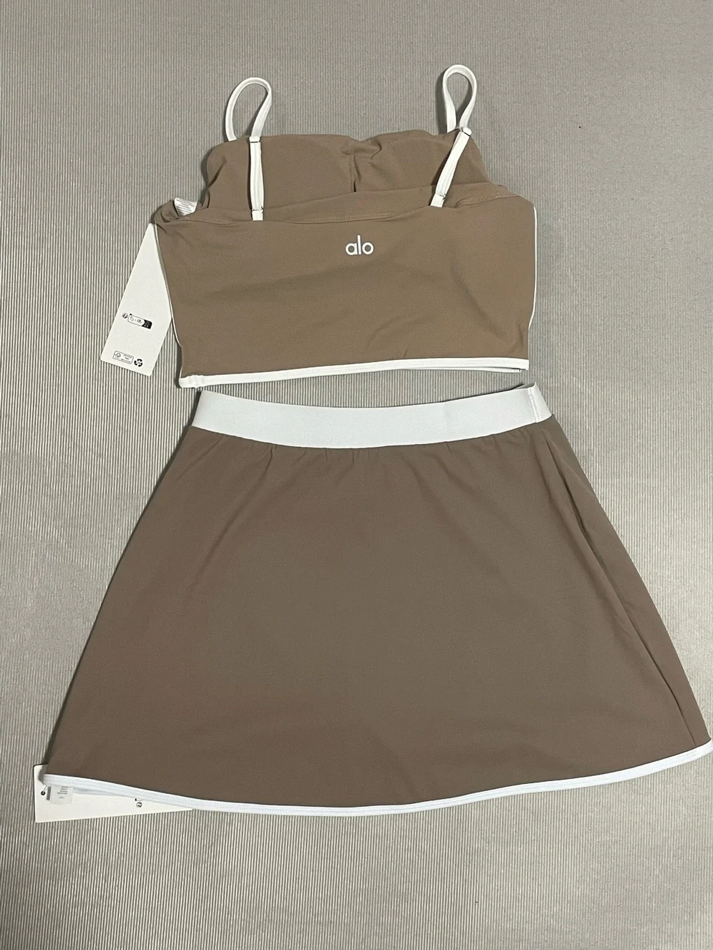 ALO Yoga Brown Crop Top and Skirt Set with White Trim